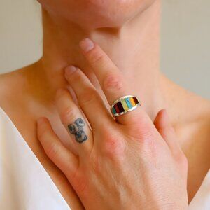 Baltic Amber and Turquoise Mosaic Ring in Sterling Silver